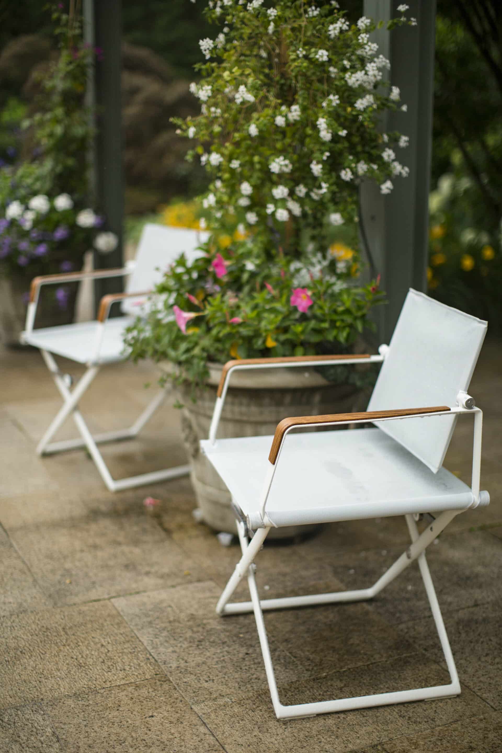 White garden chairs and blooming flowers in patio.