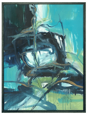 Abstract blue and green brushstroke painting.