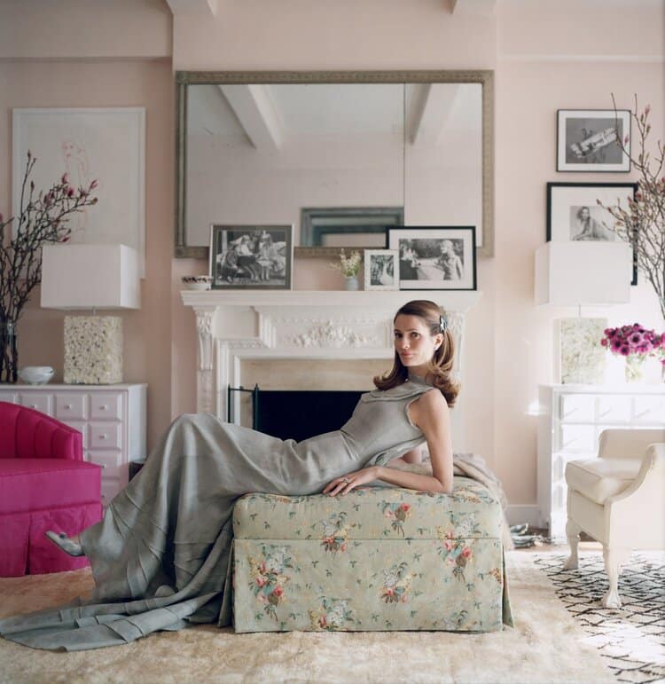Elegant woman lounging in stylish living room setting