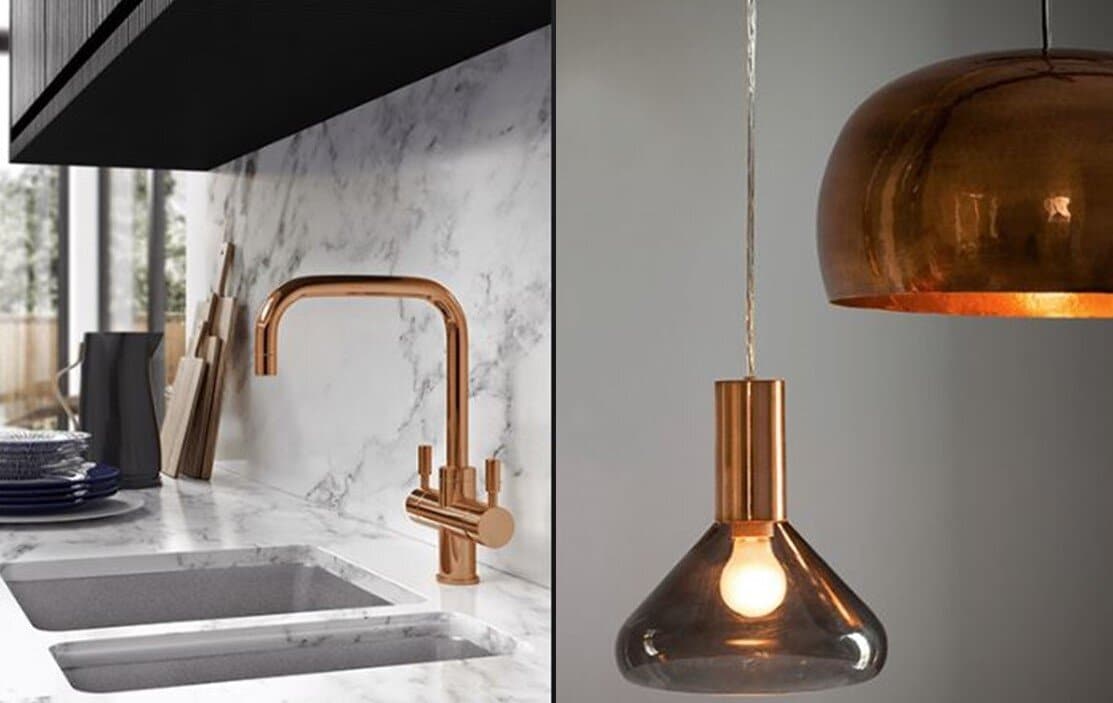 Modern kitchen sink and copper pendant light fixtures.