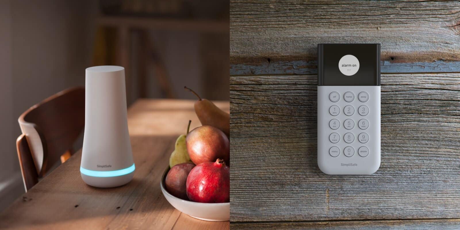 Modern home security devices on wooden surfaces.