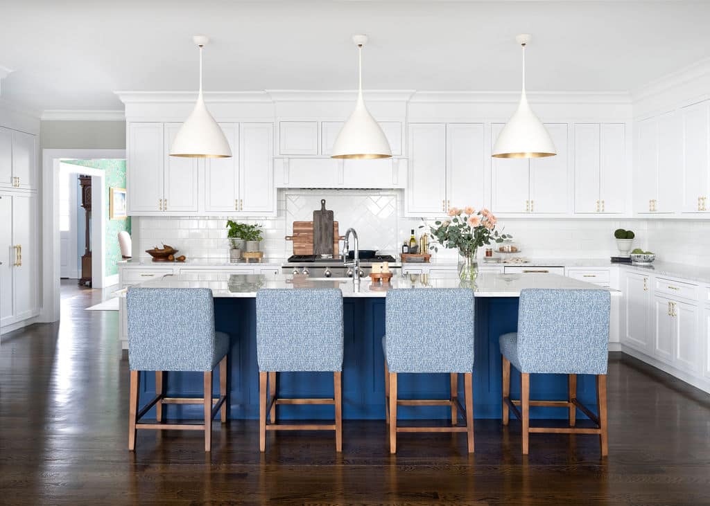 How to Be a Good Interior Design Client | white kitchen with navy blue island