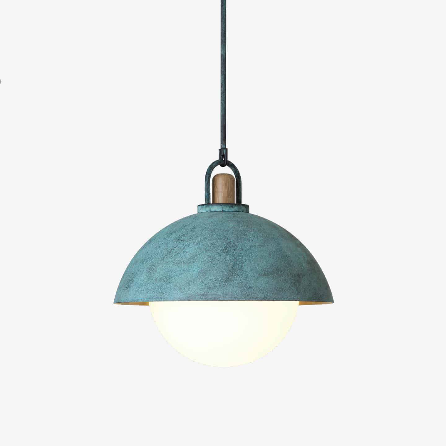 Vintage pendant light hanging, white background.