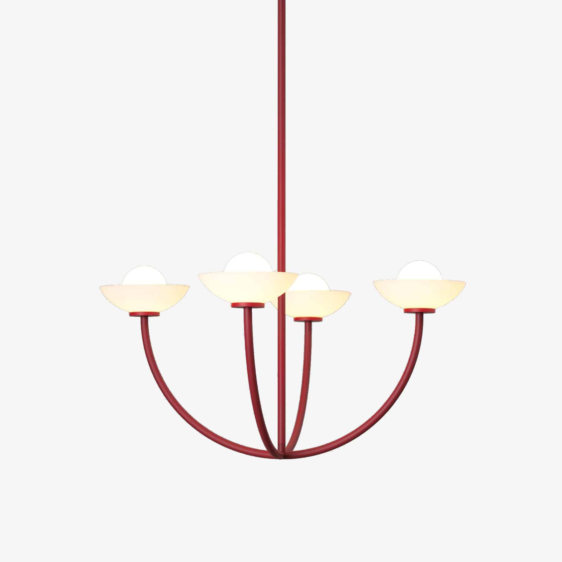Modern red chandelier with four white lampshades.