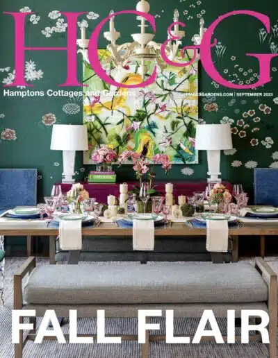 Elegant fall dining room decor in Hamptons style magazine.