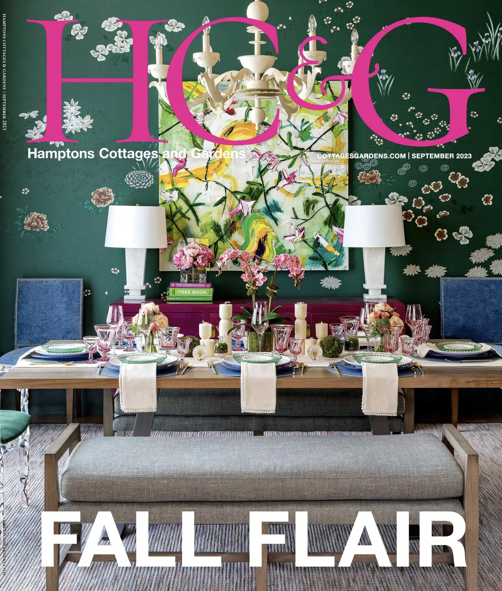 Elegant fall dining room decor in Hamptons style magazine.