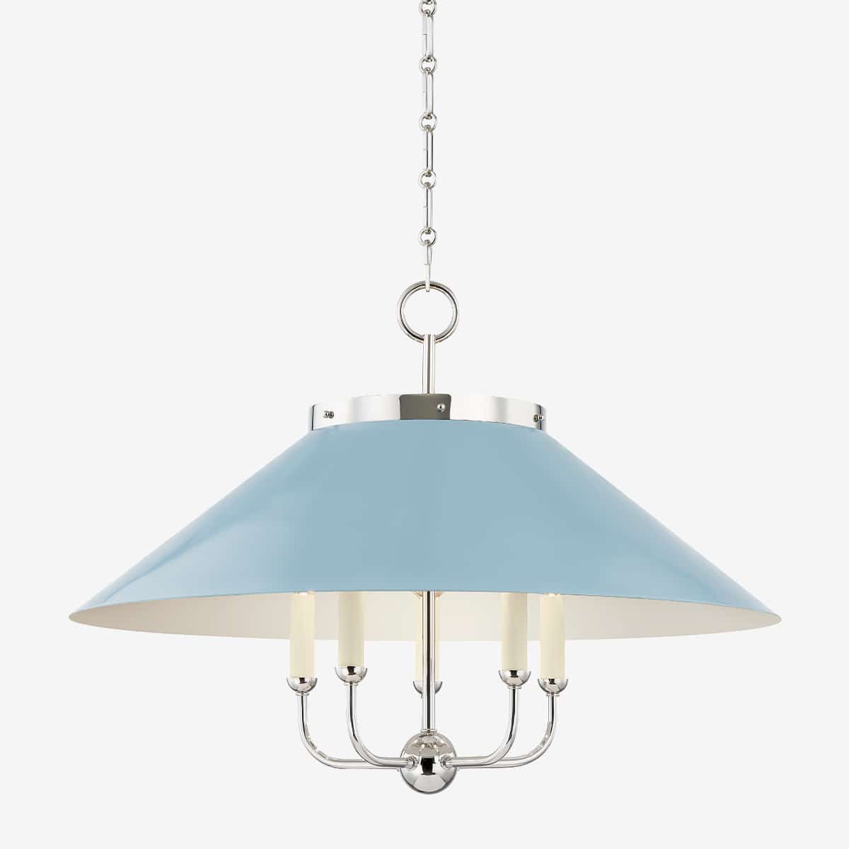 Blue pendant chandelier with chrome accents.