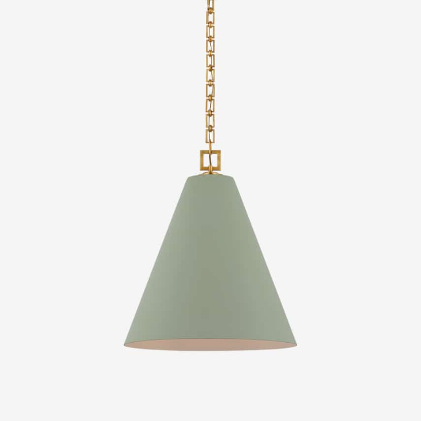 Modern pendant light with gold chain on white background.