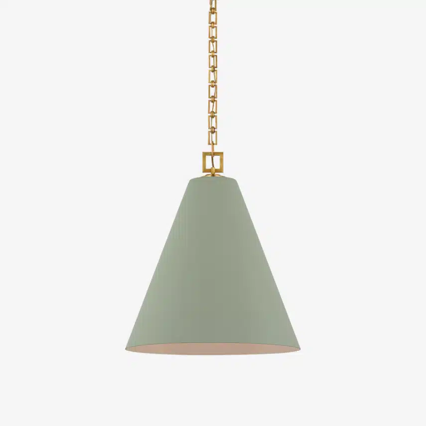 Modern pendant light with gold chain on white background.
