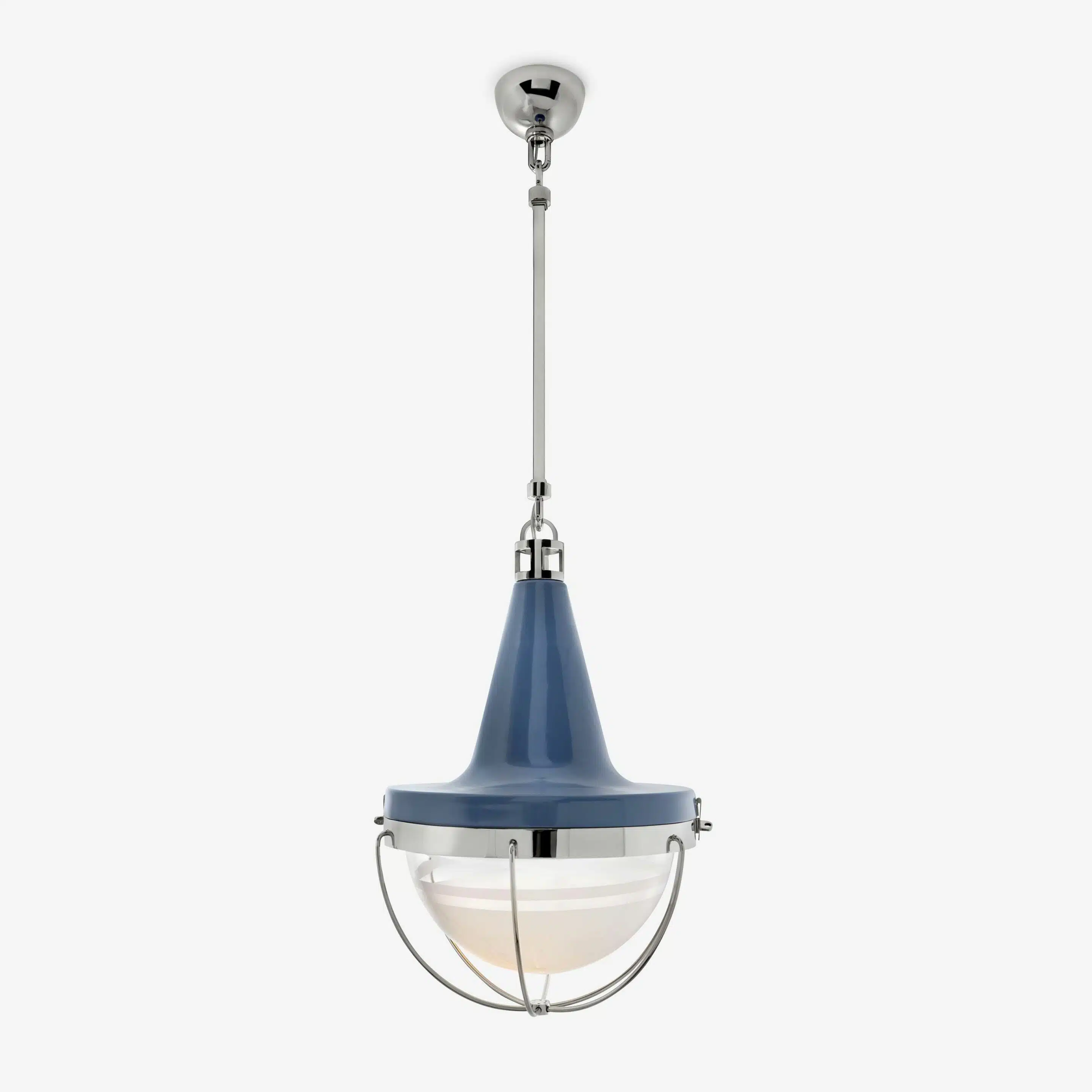 Blue pendant light fixture with frosted glass.